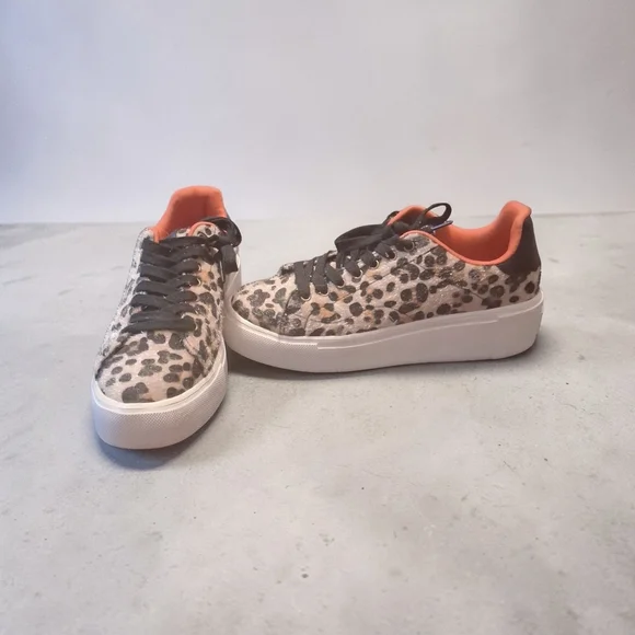 Qupid Leopard Print Platform Sneakers with Orange Lining - Picture 3 of 5